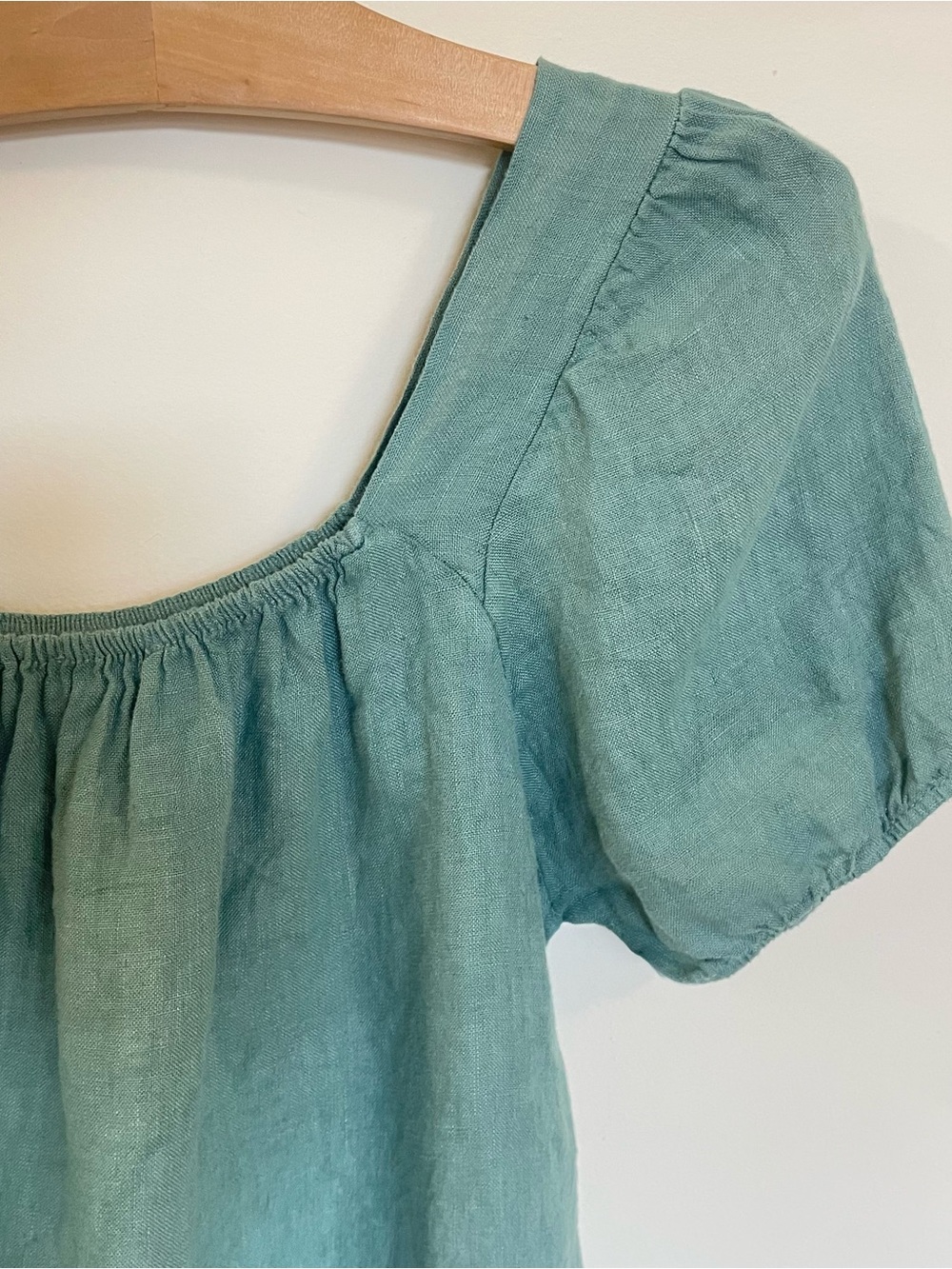 Bellambia Square Neck Puff Sleeve Linen Blouse in Teal - Picture 2 of 6